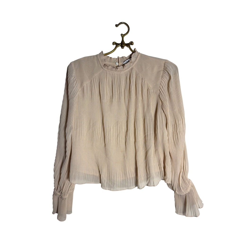 Zara Nude Pleated Ruffle Mock Neck Blouse Long Sleeve Fluted Cuff XS